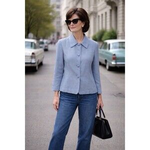 Vintage Maren 100% Silk Blue Button Front Blouse Jacket Jackie O 60s Size Large